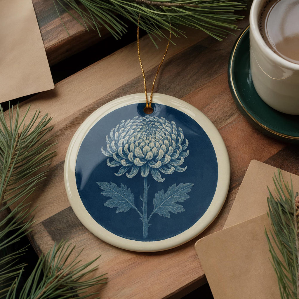 Chrysanthemum Botanical Landmark Ceramic Ornament – Circular Floral Study Design Keepsake Decoration — photo 2