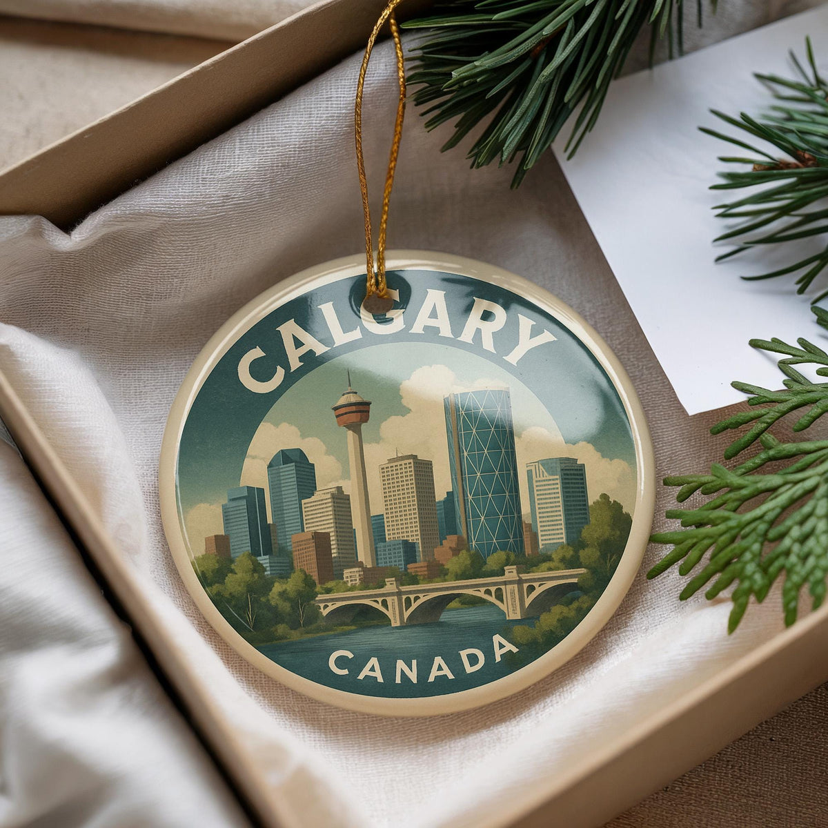 Calgary Canada Ceramic Ornament Featuring Iconic City Skyline and Landmark View in Circular Design — photo 2