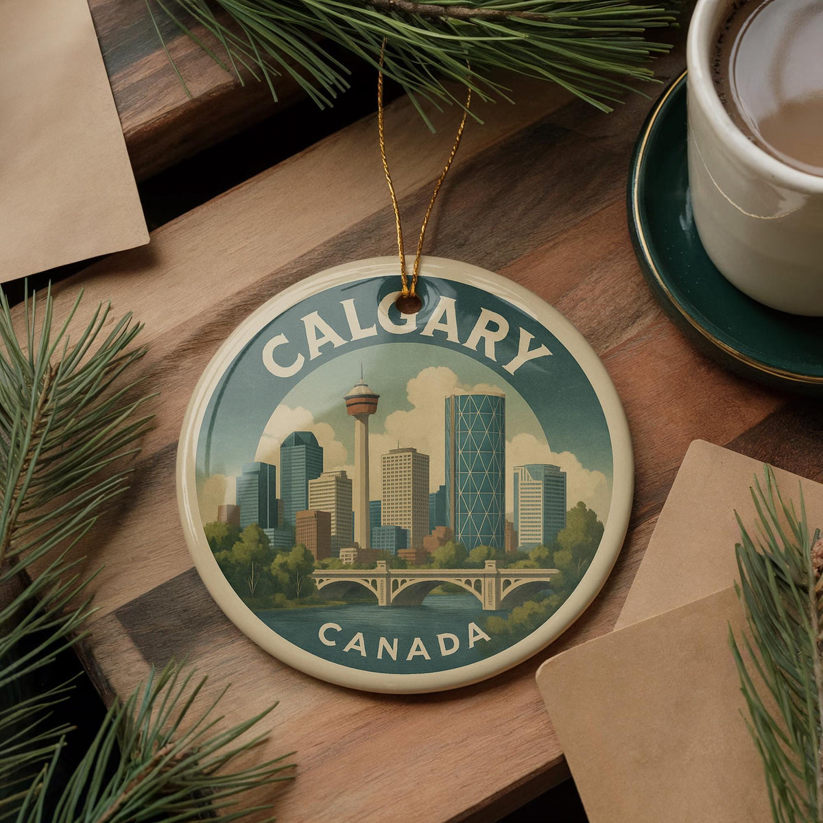 Calgary Canada Ceramic Ornament Featuring Iconic City Skyline and Landmark View in Circular Design — photo 3