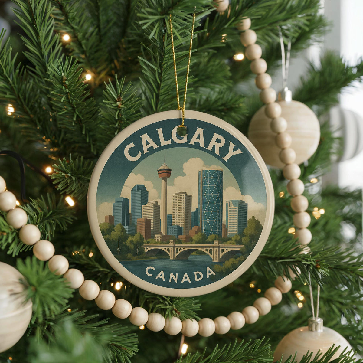 Calgary Canada Ceramic Ornament Featuring Iconic City Skyline and Landmark View in Circular Design — photo 4
