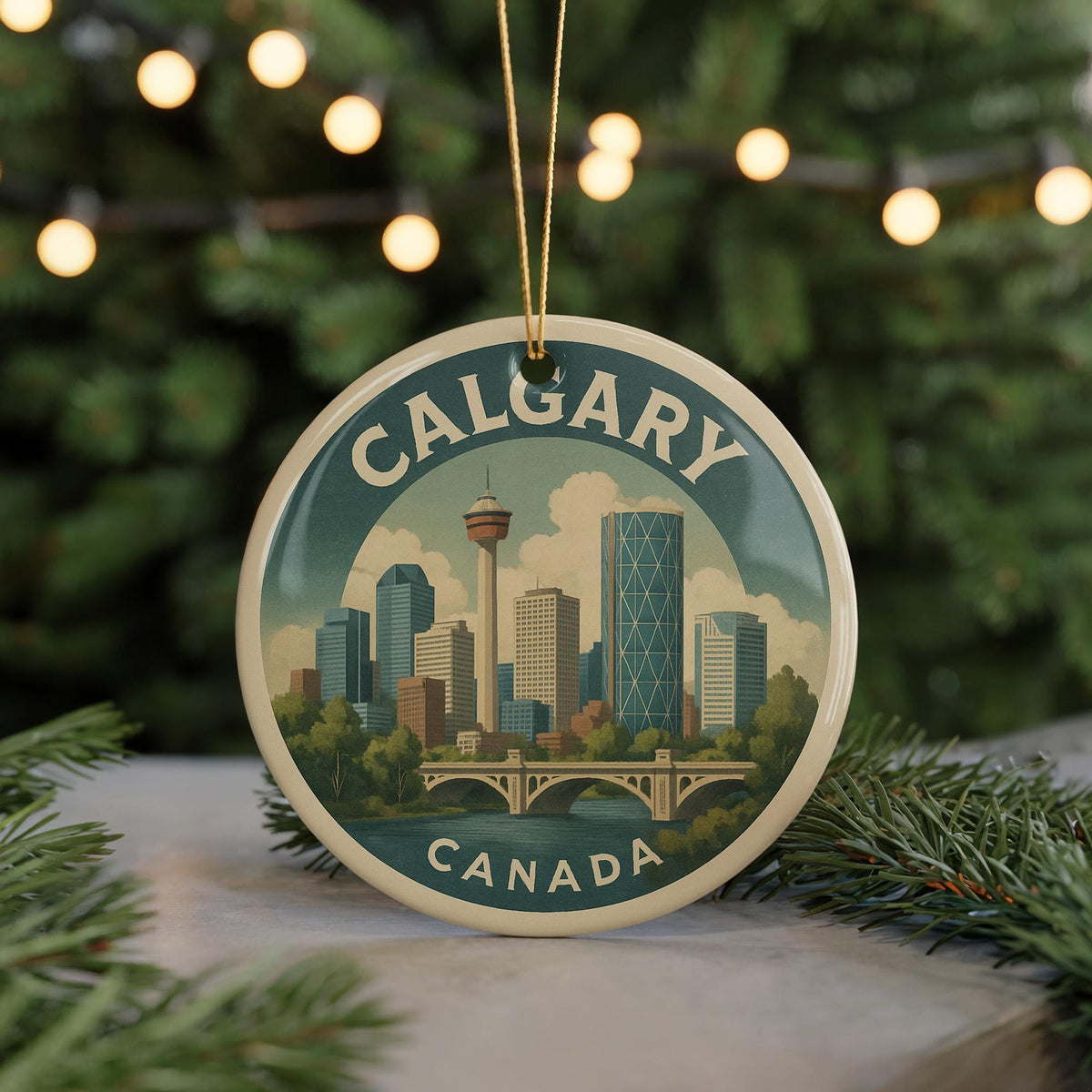 Calgary Canada Ceramic Ornament Featuring Iconic City Skyline and Landmark View in Circular Design — photo 5