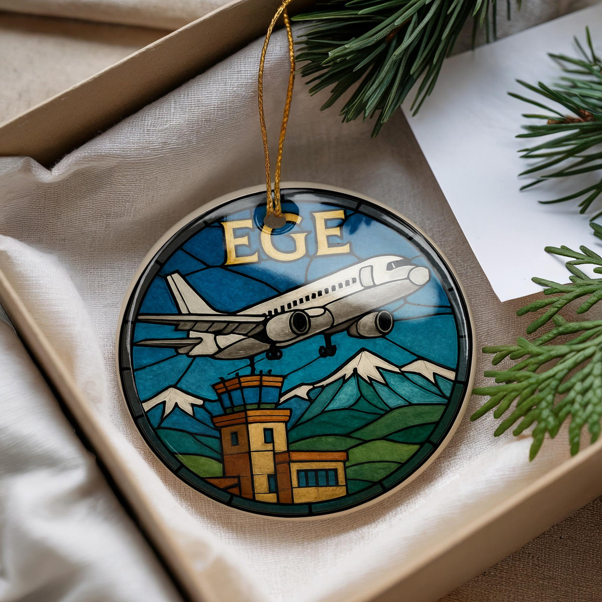 EGE Airport Ceramic Ornament with Aircraft and Control Tower Circular Window Design – Iconic EGE Landmark Scene — photo 1