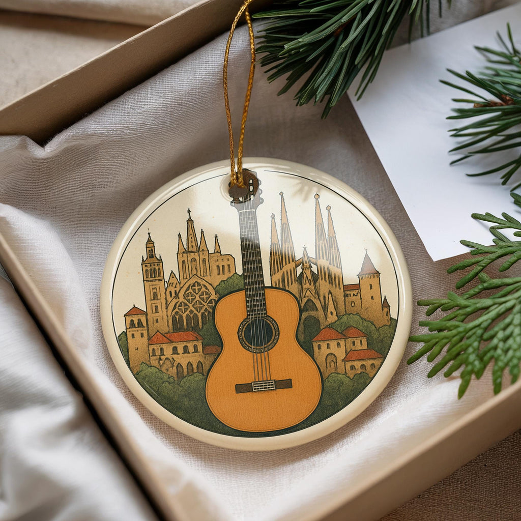 Classical Guitar Ceramic Ornament – Circular Panorama with Centered Guitar and Iconic Landmark Design — photo 1