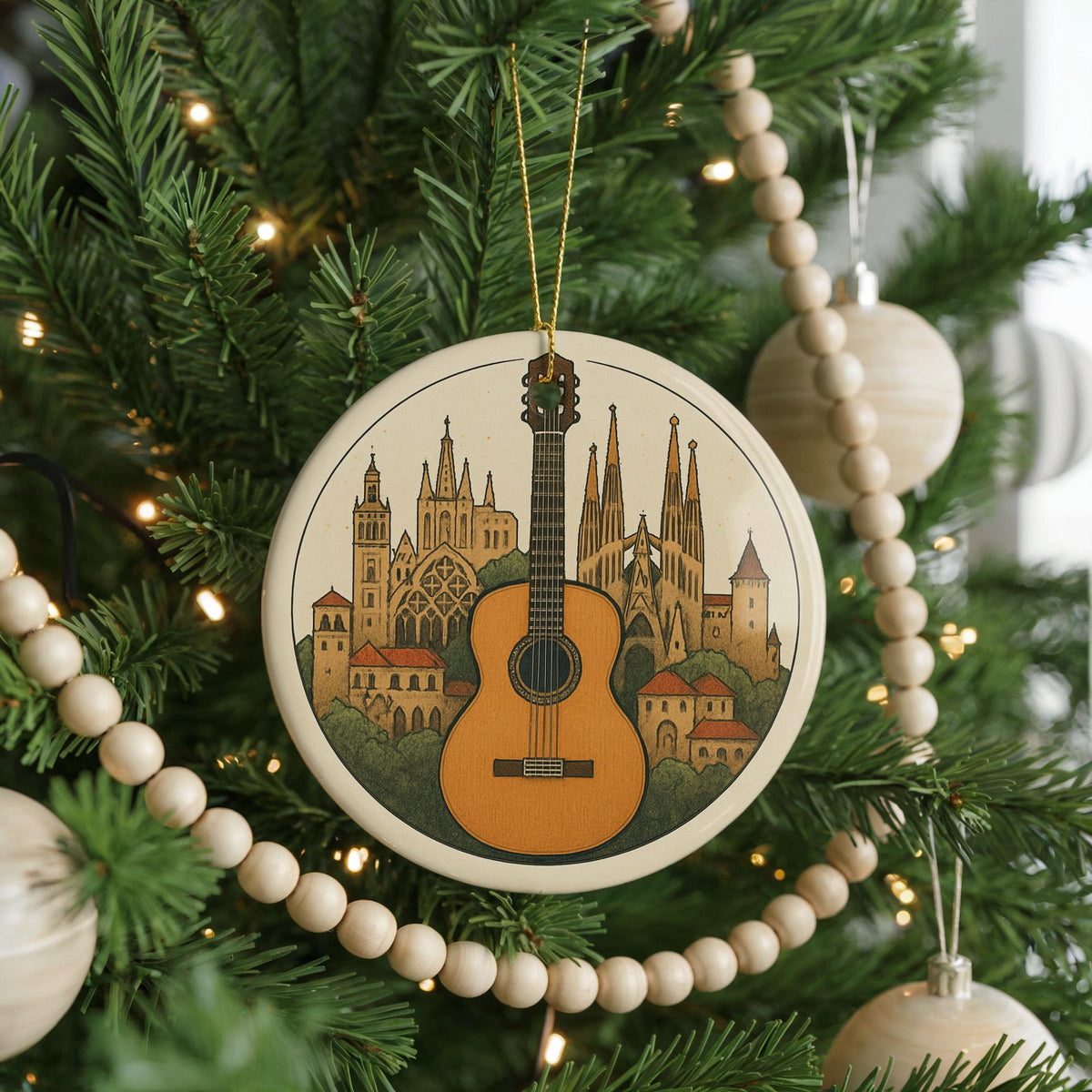 Classical Guitar Ceramic Ornament – Circular Panorama with Centered Guitar and Iconic Landmark Design — photo 4