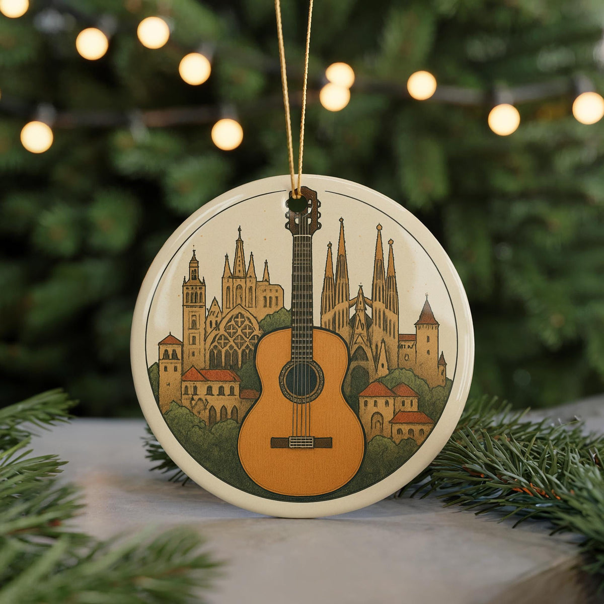 Classical Guitar Ceramic Ornament – Circular Panorama with Centered Guitar and Iconic Landmark Design — photo 5