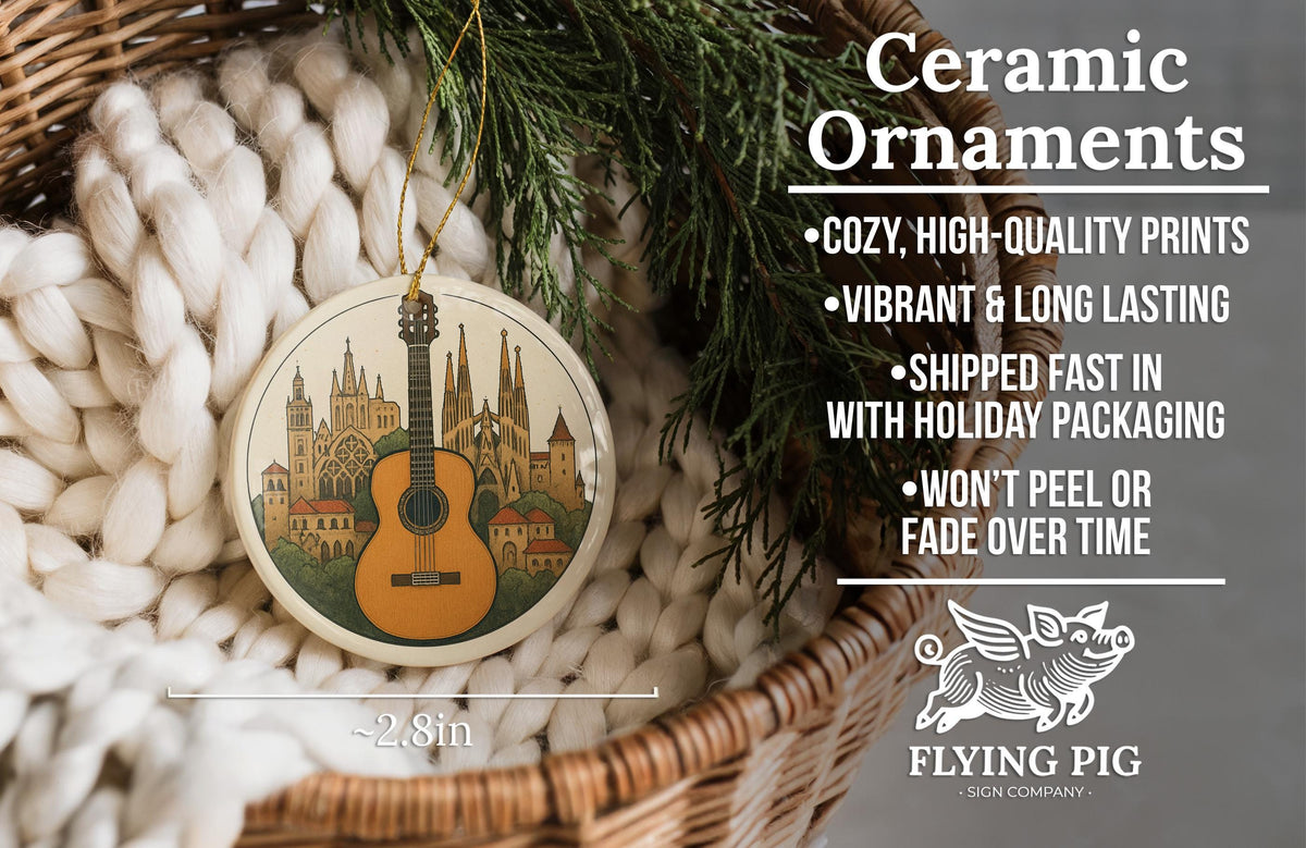 Classical Guitar Ceramic Ornament – Circular Panorama with Centered Guitar and Iconic Landmark Design — photo 6