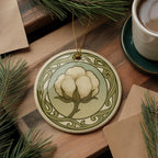Cotton Boll Ceramic Ornament – Circular Design Featuring Iconic Cotton Plant with Flowing Border Pattern — photo 2