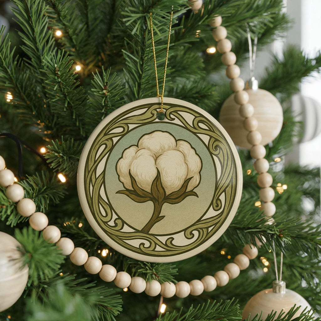 Cotton Boll Ceramic Ornament – Circular Design Featuring Iconic Cotton Plant with Flowing Border Pattern — photo 4