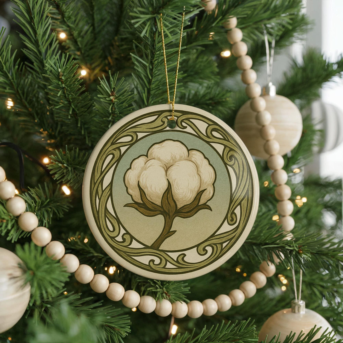 Cotton Boll Ceramic Ornament – Circular Design Featuring Iconic Cotton Plant with Flowing Border Pattern — photo 4