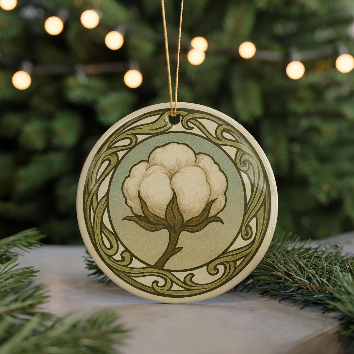 Cotton Boll Ceramic Ornament – Circular Design Featuring Iconic Cotton Plant with Flowing Border Pattern — photo 5