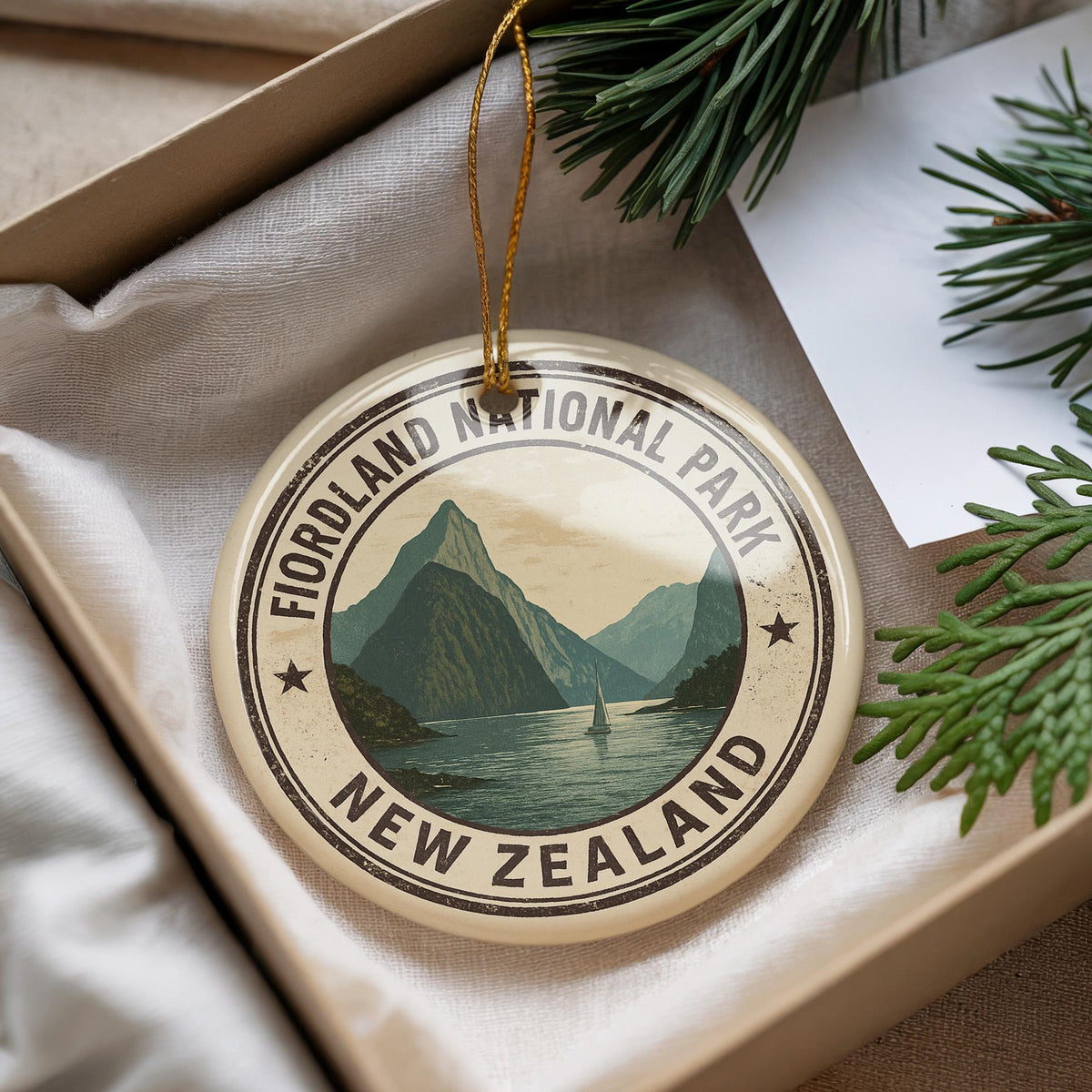 Fiordland National Park New Zealand Ceramic Ornament – Circular Passport Stamp Collage with Iconic Scenic Landmark — photo 1