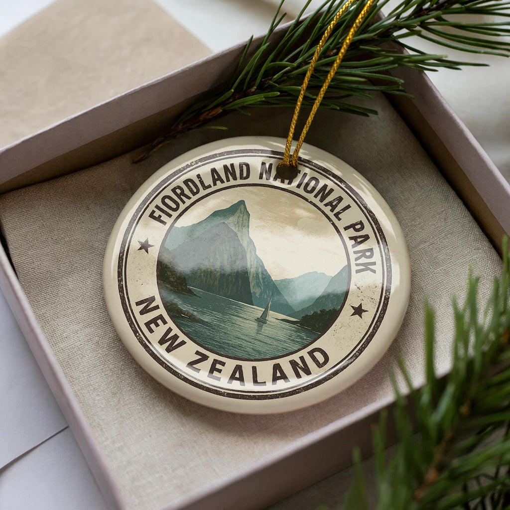 Fiordland National Park New Zealand Ceramic Ornament – Circular Passport Stamp Collage with Iconic Scenic Landmark — photo 2