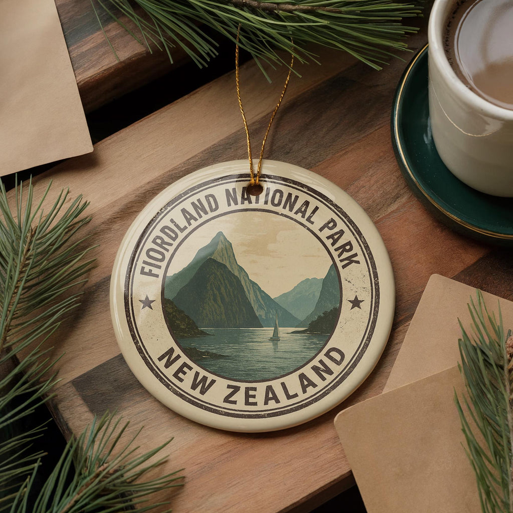 Fiordland National Park New Zealand Ceramic Ornament – Circular Passport Stamp Collage with Iconic Scenic Landmark — photo 3
