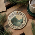 Fiordland National Park New Zealand Ceramic Ornament – Circular Passport Stamp Collage with Iconic Scenic Landmark — photo 3