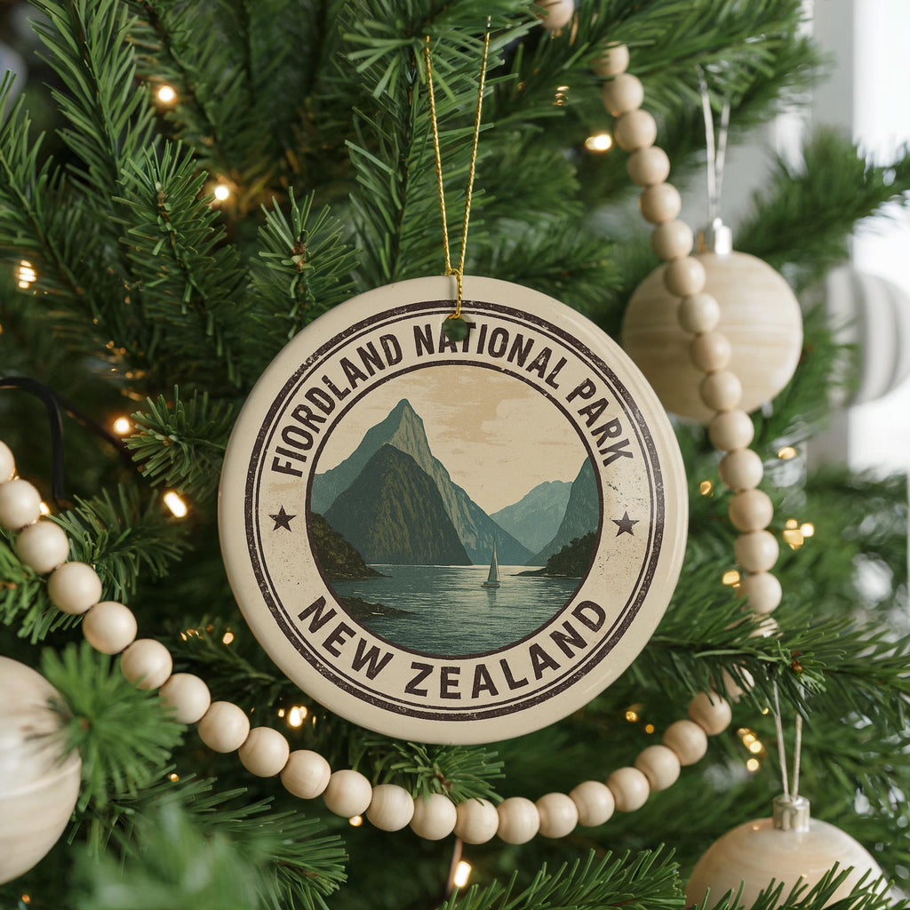 Fiordland National Park New Zealand Ceramic Ornament – Circular Passport Stamp Collage with Iconic Scenic Landmark — photo 4