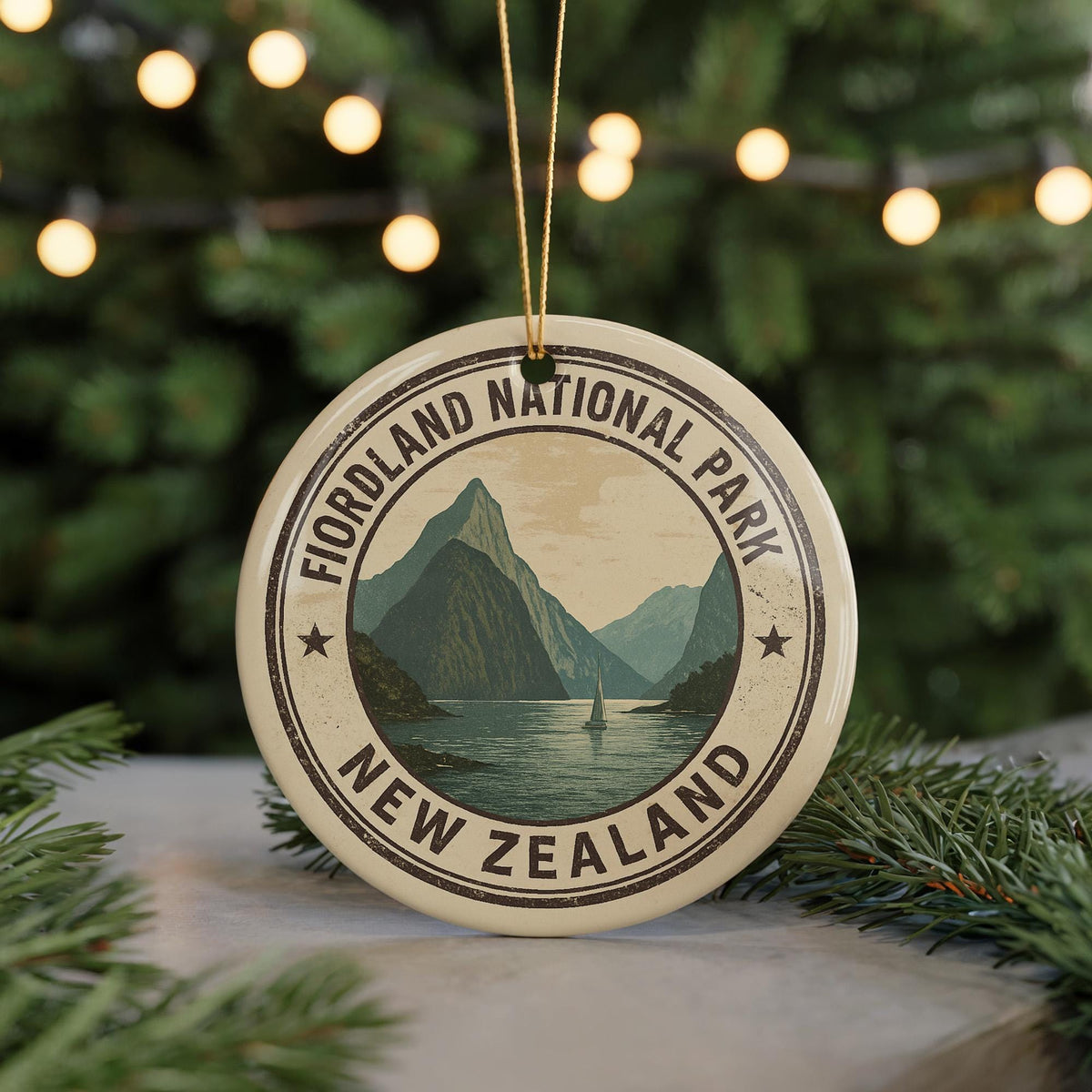 Fiordland National Park New Zealand Ceramic Ornament – Circular Passport Stamp Collage with Iconic Scenic Landmark — photo 5