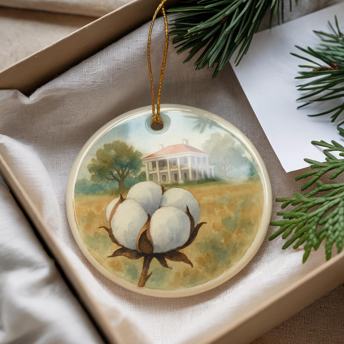 Cotton Boll Landmark Ceramic Ornament – Iconic Southern Cotton Field Scene Keepsake Decoration — photo 1