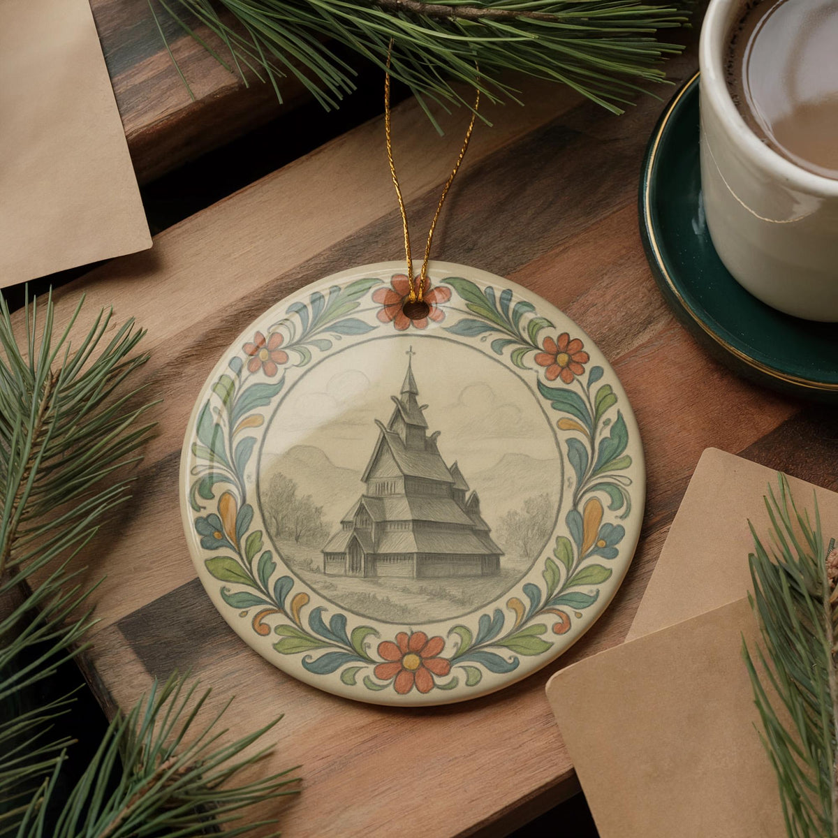 Draftsperson Ornament with Circular Floral Border Featuring Iconic City Landmark – Ceramic Holiday Decoration — photo 1