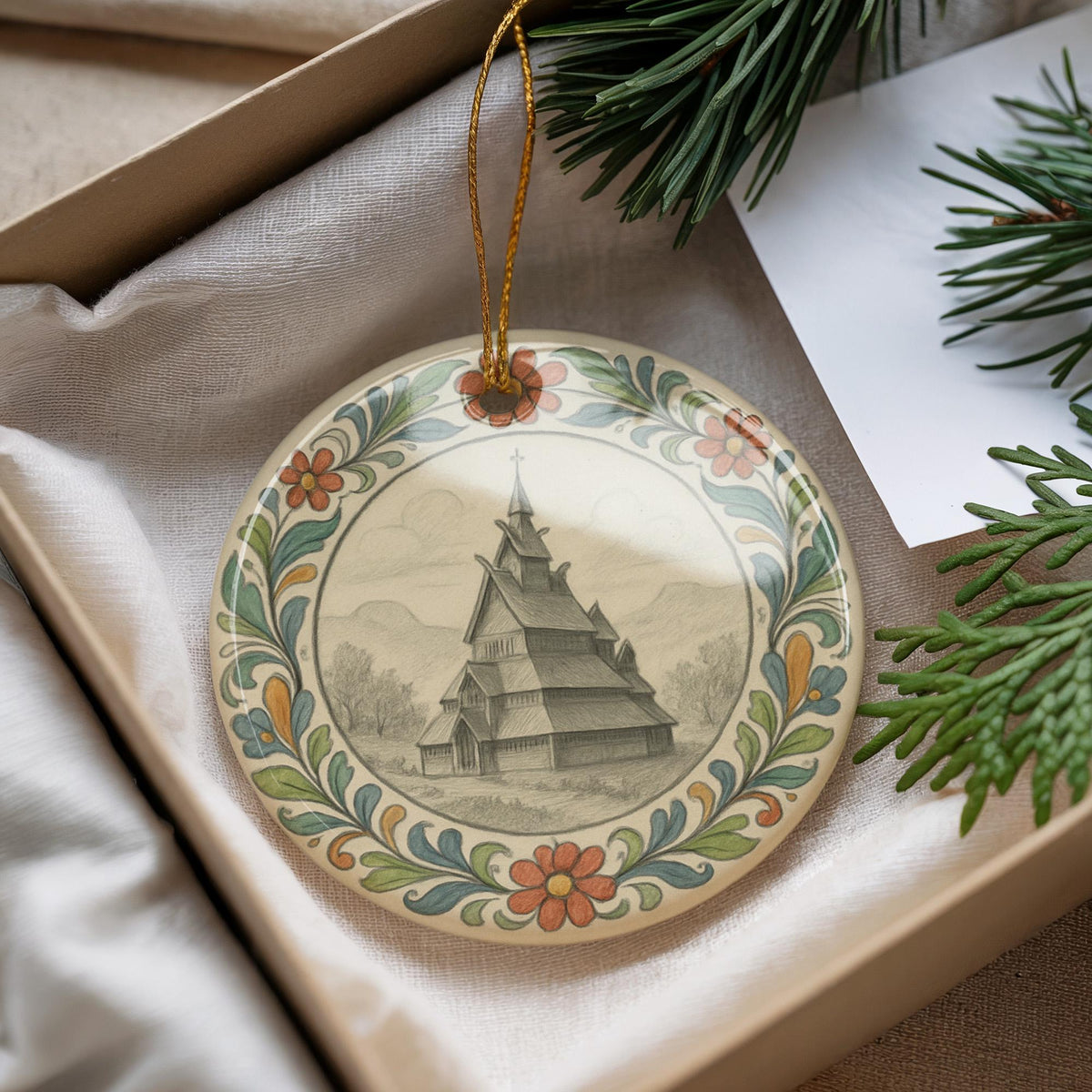 Draftsperson Ornament with Circular Floral Border Featuring Iconic City Landmark – Ceramic Holiday Decoration — photo 2