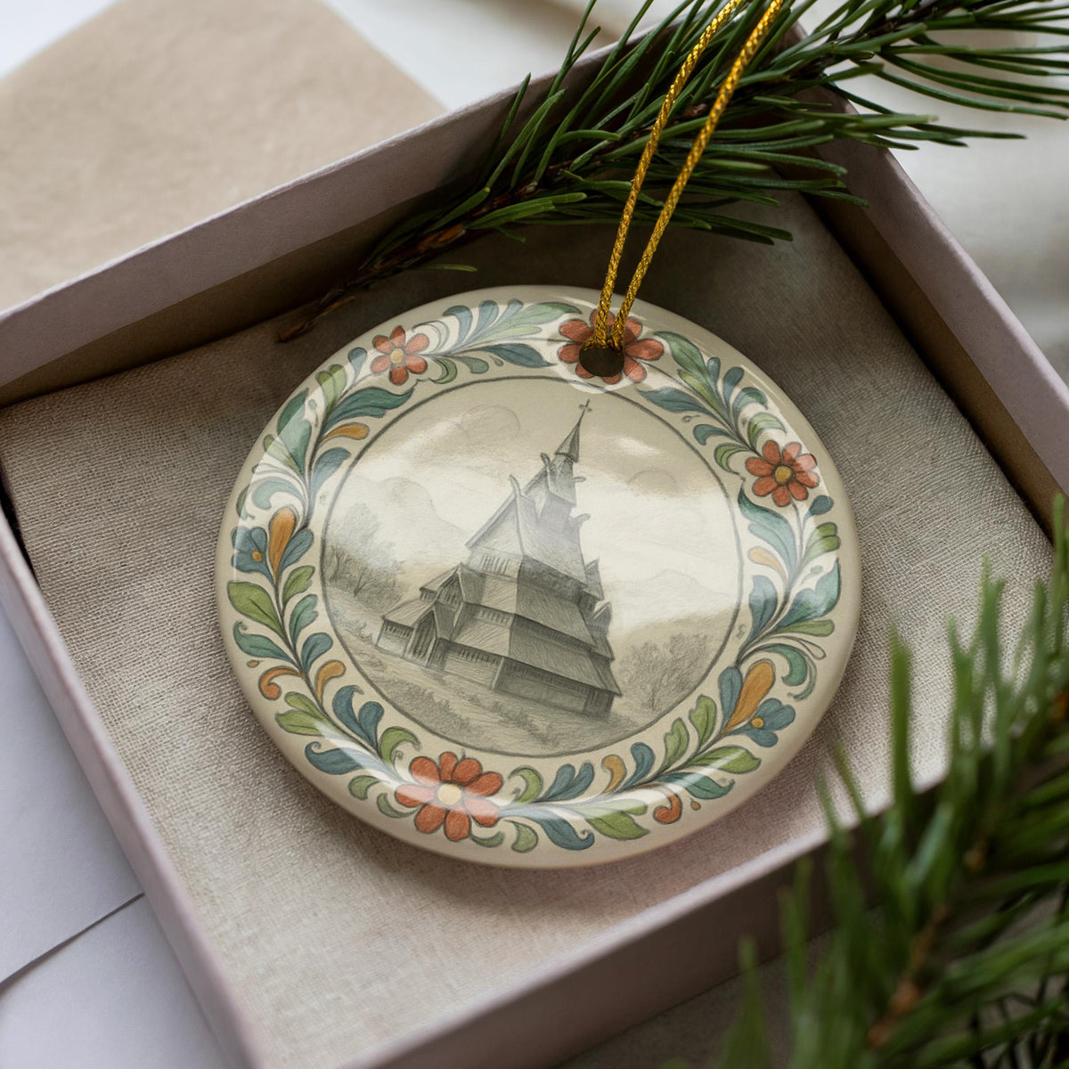 Draftsperson Ornament with Circular Floral Border Featuring Iconic City Landmark – Ceramic Holiday Decoration — photo 3