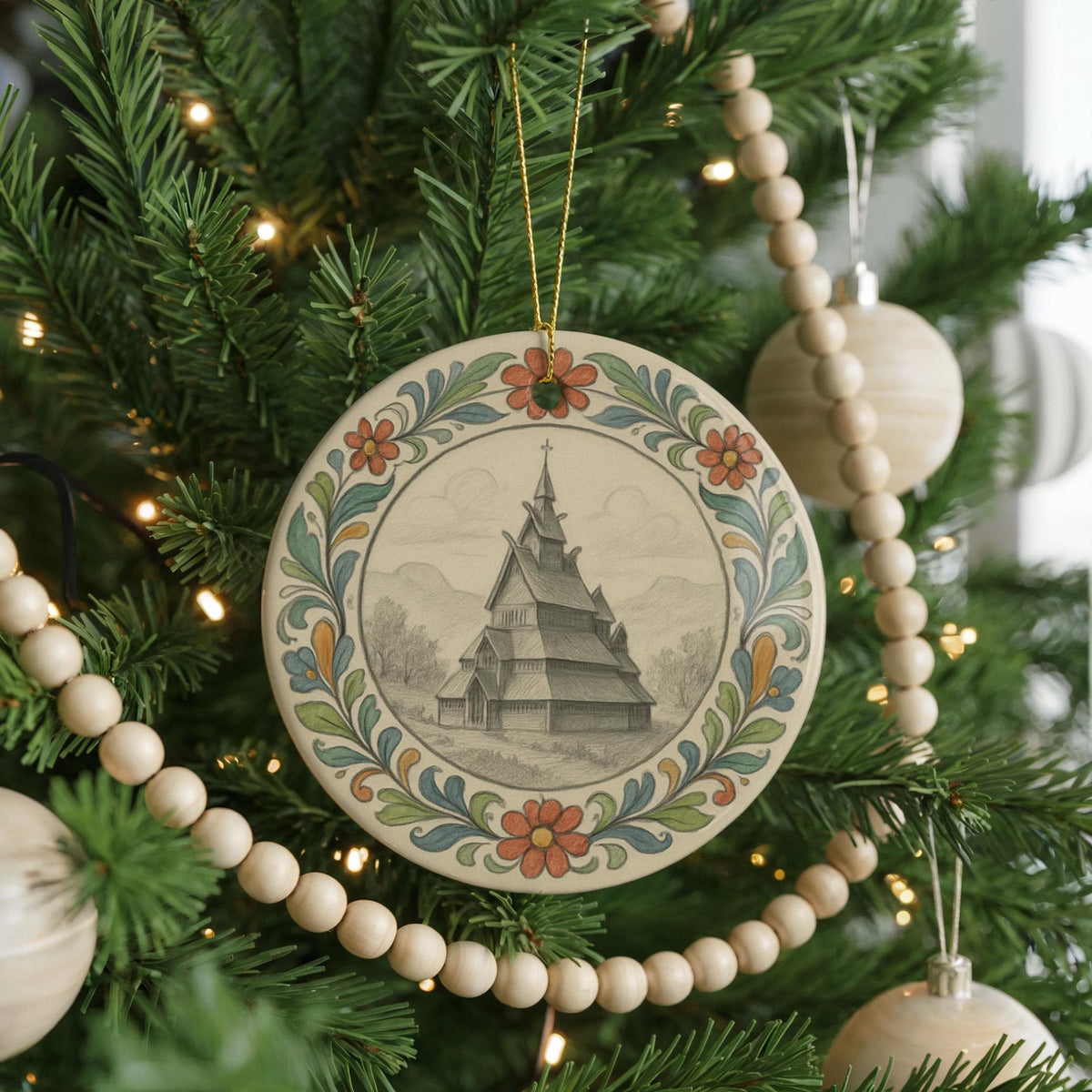 Draftsperson Ornament with Circular Floral Border Featuring Iconic City Landmark – Ceramic Holiday Decoration — photo 4