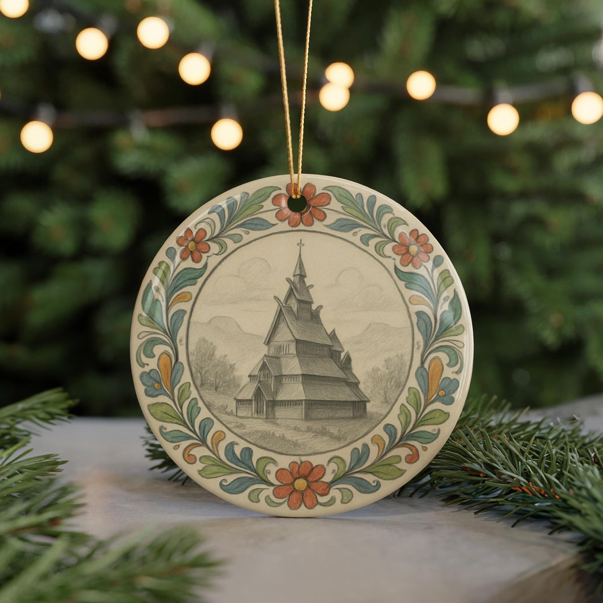 Draftsperson Ornament with Circular Floral Border Featuring Iconic City Landmark – Ceramic Holiday Decoration — photo 5