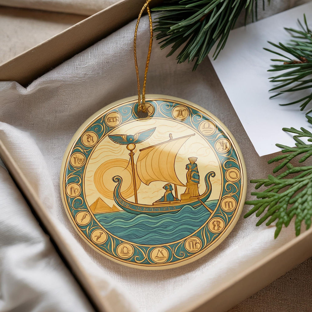 Egyptian Sky Barque Ceramic Ornament – Zodiac Motif with Flowing Borders and Iconic Ancient Landmark Design — photo 1