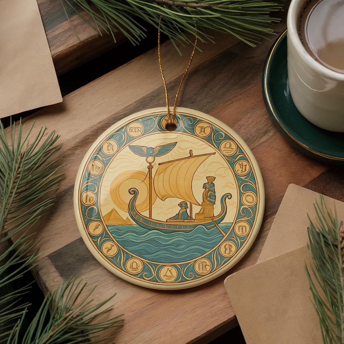 Egyptian Sky Barque Ceramic Ornament – Zodiac Motif with Flowing Borders and Iconic Ancient Landmark Design — photo 2