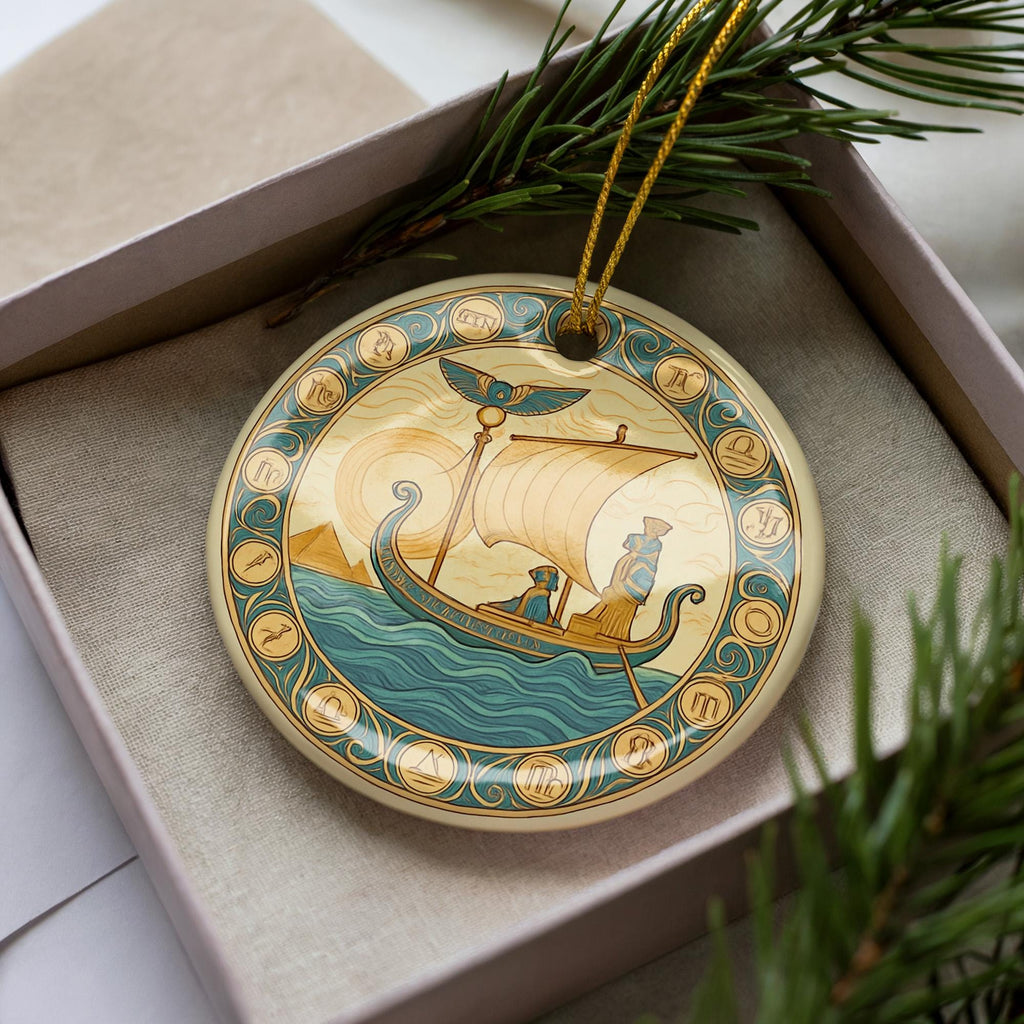 Egyptian Sky Barque Ceramic Ornament – Zodiac Motif with Flowing Borders and Iconic Ancient Landmark Design — photo 3