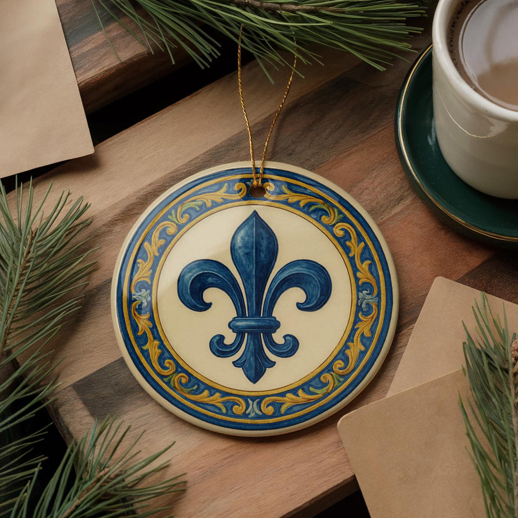 Fleur-de-lis Emblem Ceramic Ornament with Majolica Tile Border and Iconic Landmark Design — photo 3