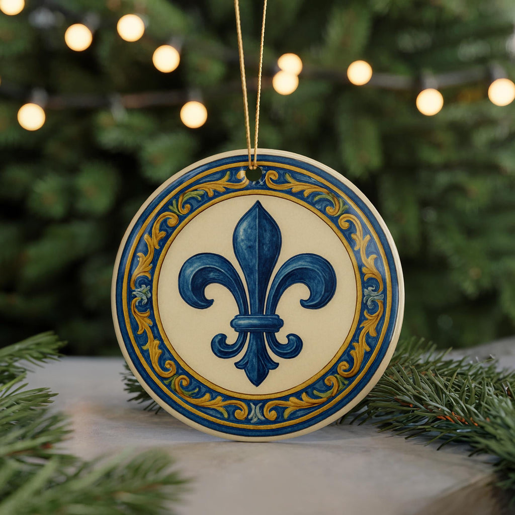 Fleur-de-lis Emblem Ceramic Ornament with Majolica Tile Border and Iconic Landmark Design — photo 5