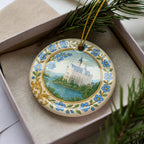 Forget-Me-Not Landmark Ceramic Ornament with Circular Floral Border and Gold-Look Accents — photo 1