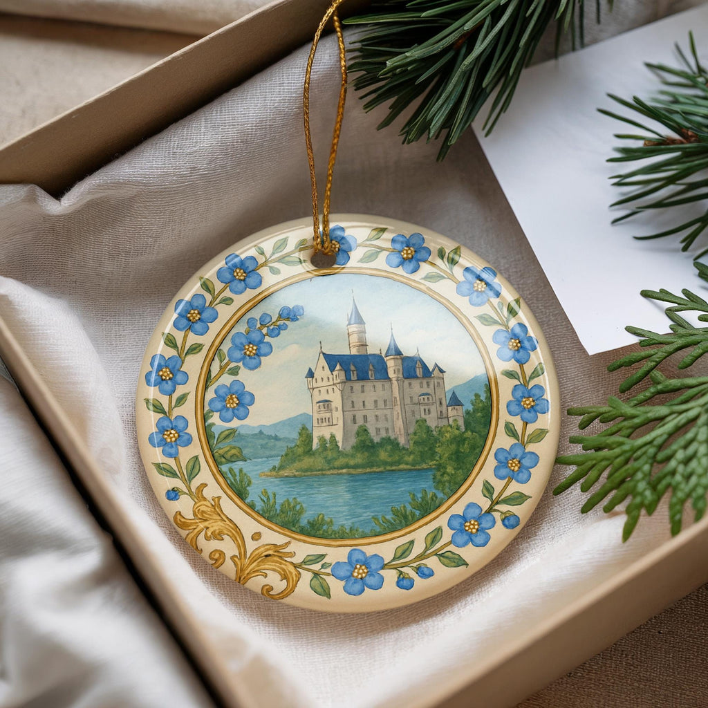 Forget-Me-Not Landmark Ceramic Ornament with Circular Floral Border and Gold-Look Accents — photo 2