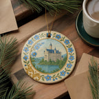 Forget-Me-Not Landmark Ceramic Ornament with Circular Floral Border and Gold-Look Accents — photo 3