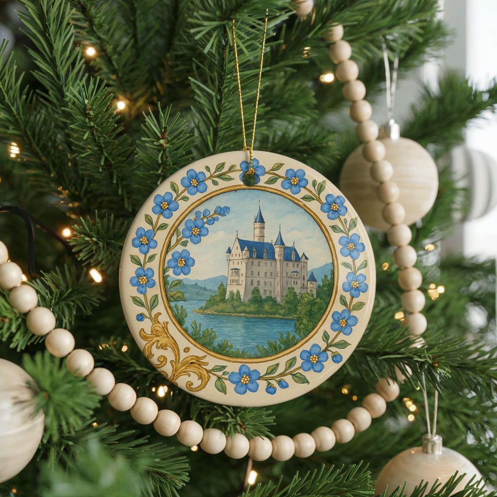 Forget-Me-Not Landmark Ceramic Ornament with Circular Floral Border and Gold-Look Accents — photo 4
