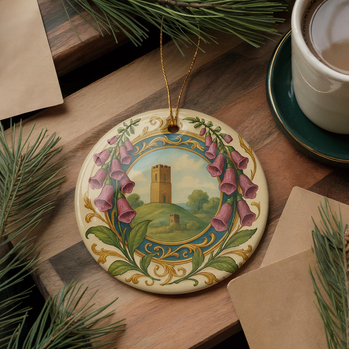 Foxglove Landmark Ceramic Ornament with Circular Illuminated Manuscript Border and Gold-Look Accents — photo 2