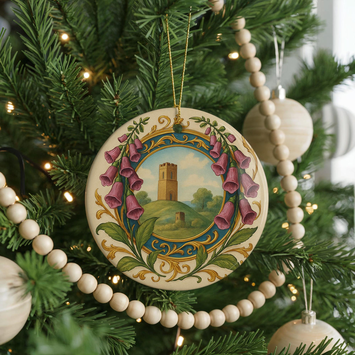 Foxglove Landmark Ceramic Ornament with Circular Illuminated Manuscript Border and Gold-Look Accents — photo 4