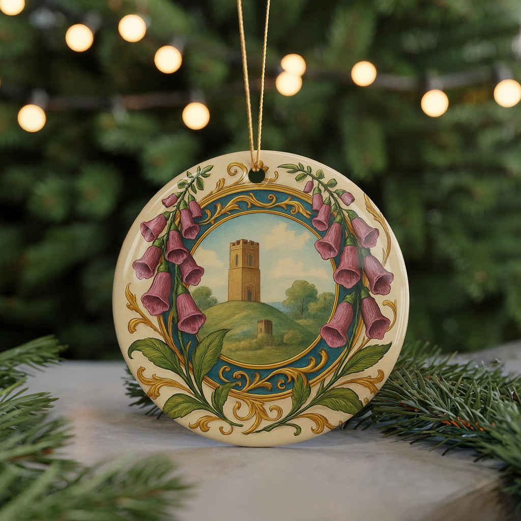 Foxglove Landmark Ceramic Ornament with Circular Illuminated Manuscript Border and Gold-Look Accents — photo 5
