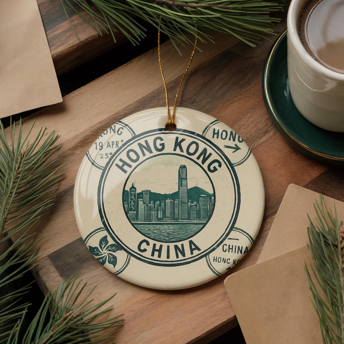 Hong Kong China Passport Stamp Collage Ceramic Ornament Featuring Iconic Cityscape and Landmarks — photo 1