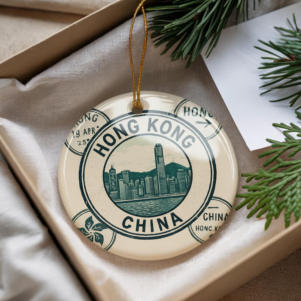 Hong Kong China Passport Stamp Collage Ceramic Ornament Featuring Iconic Cityscape and Landmarks — photo 2