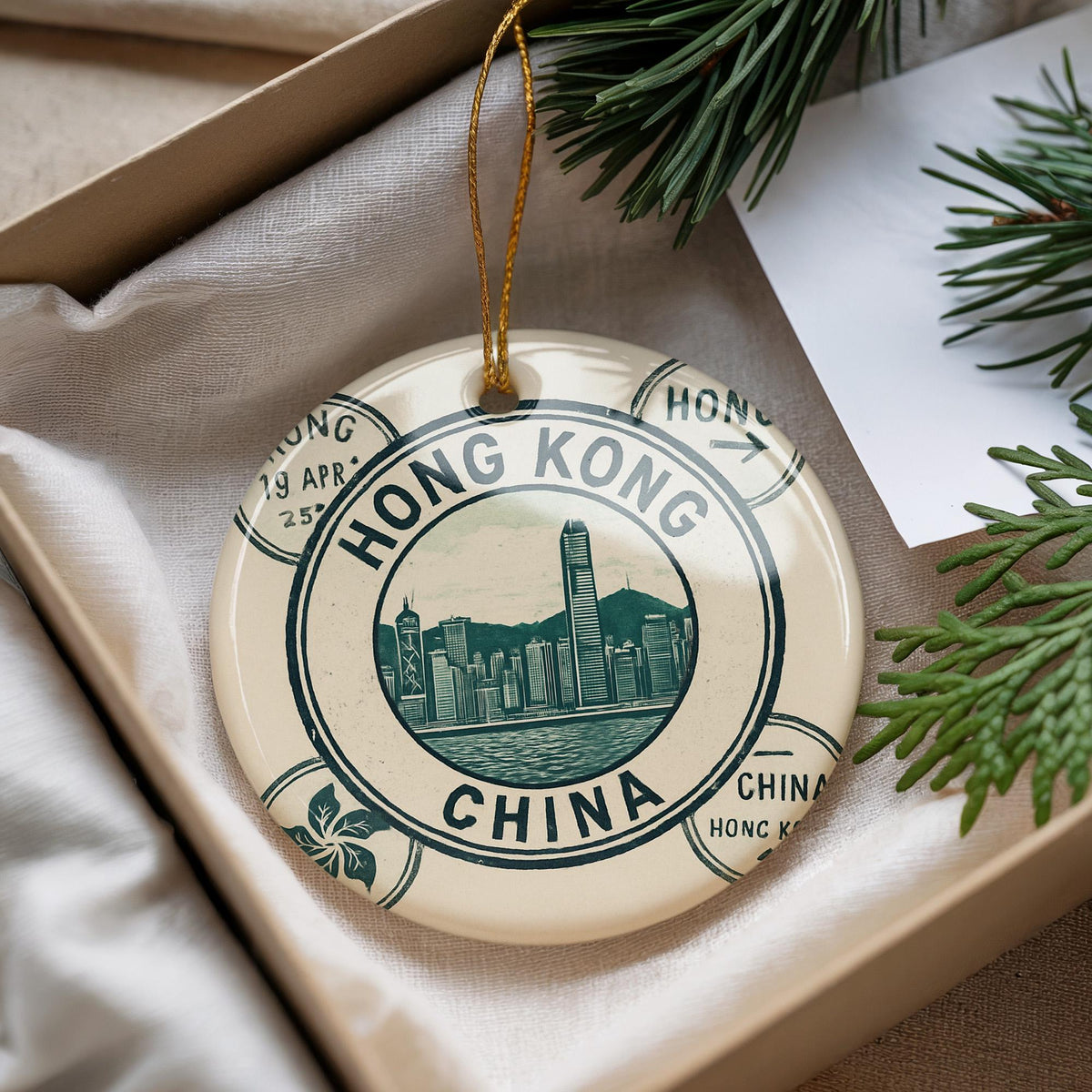 Hong Kong China Passport Stamp Collage Ceramic Ornament Featuring Iconic Cityscape and Landmarks — photo 2