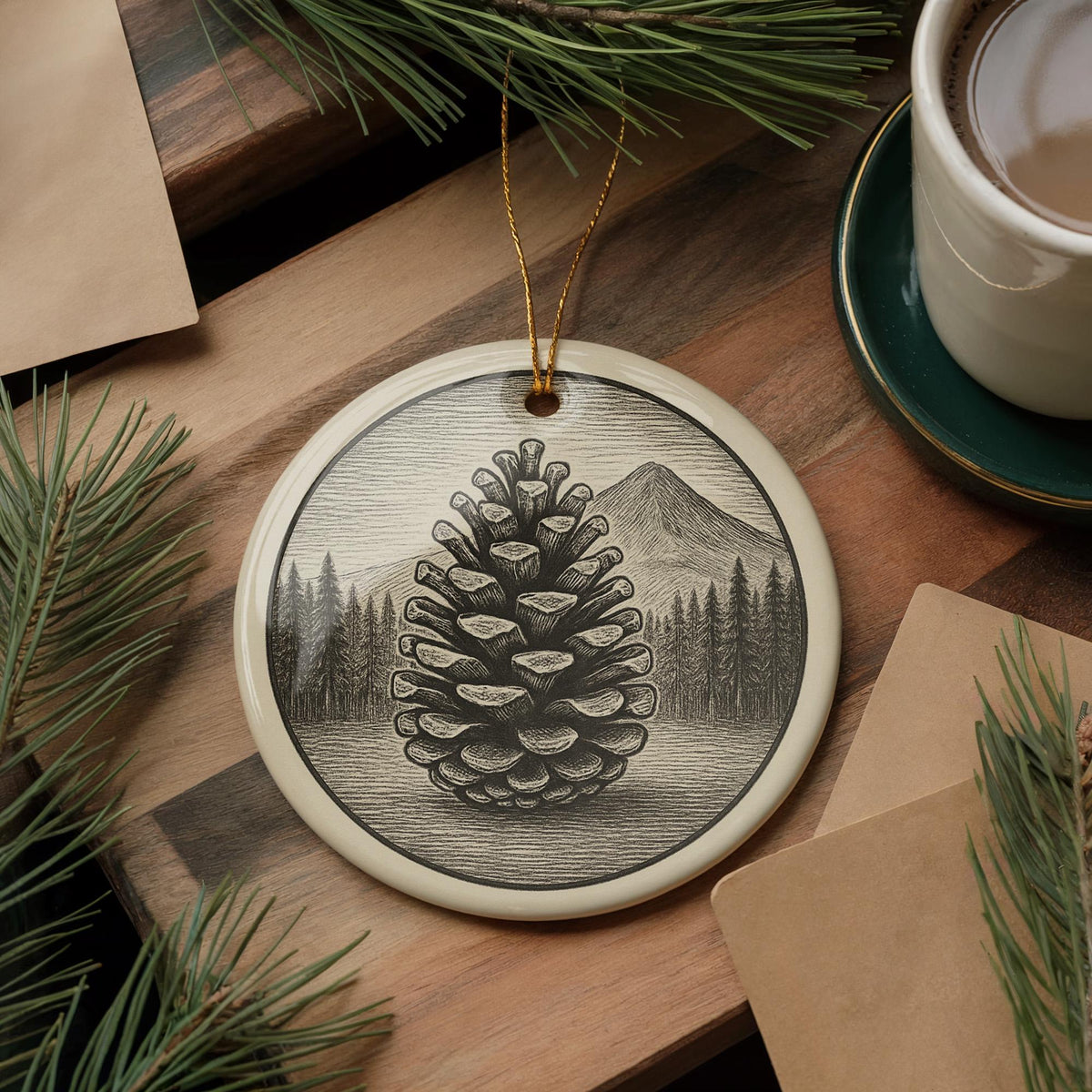 Pinecone Landmark Ceramic Ornament – Circular Pinecone Design Featuring Iconic Scenic View — photo 1