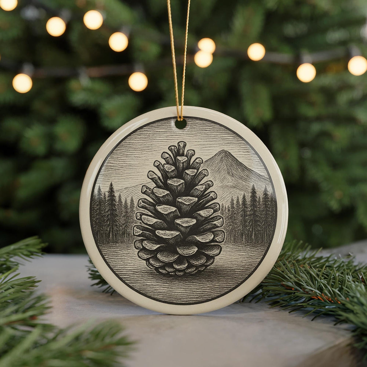 Pinecone Landmark Ceramic Ornament – Circular Pinecone Design Featuring Iconic Scenic View — photo 5