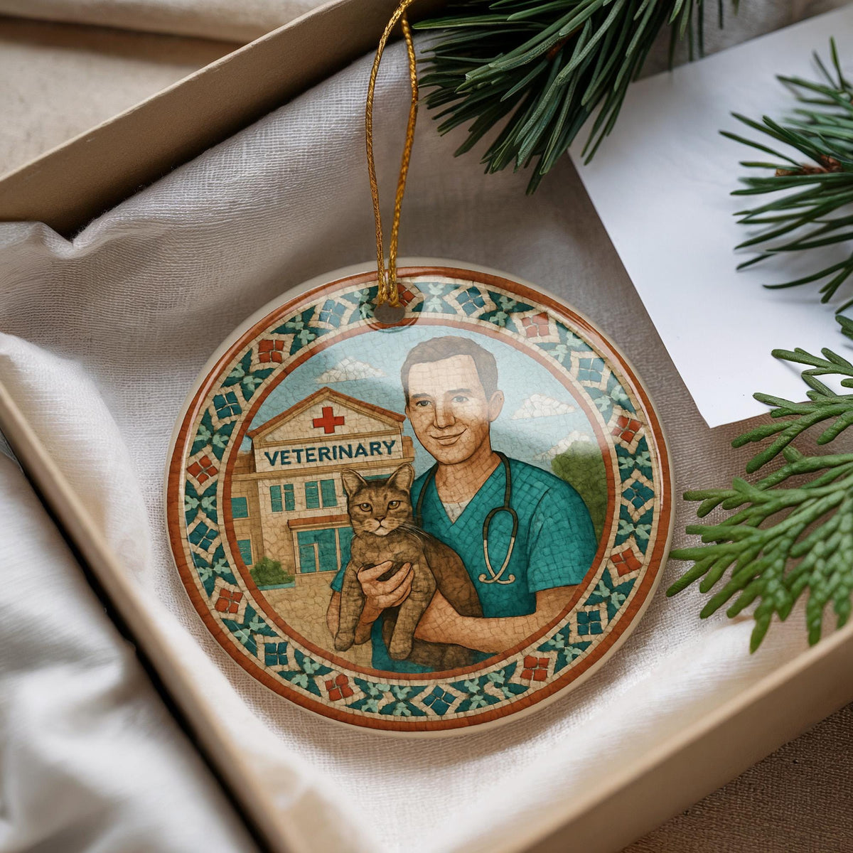 Veterinarian Ceramic Ornament Featuring Moroccan Mosaic Medallion and Iconic Veterinary Landmark Scene — photo 3