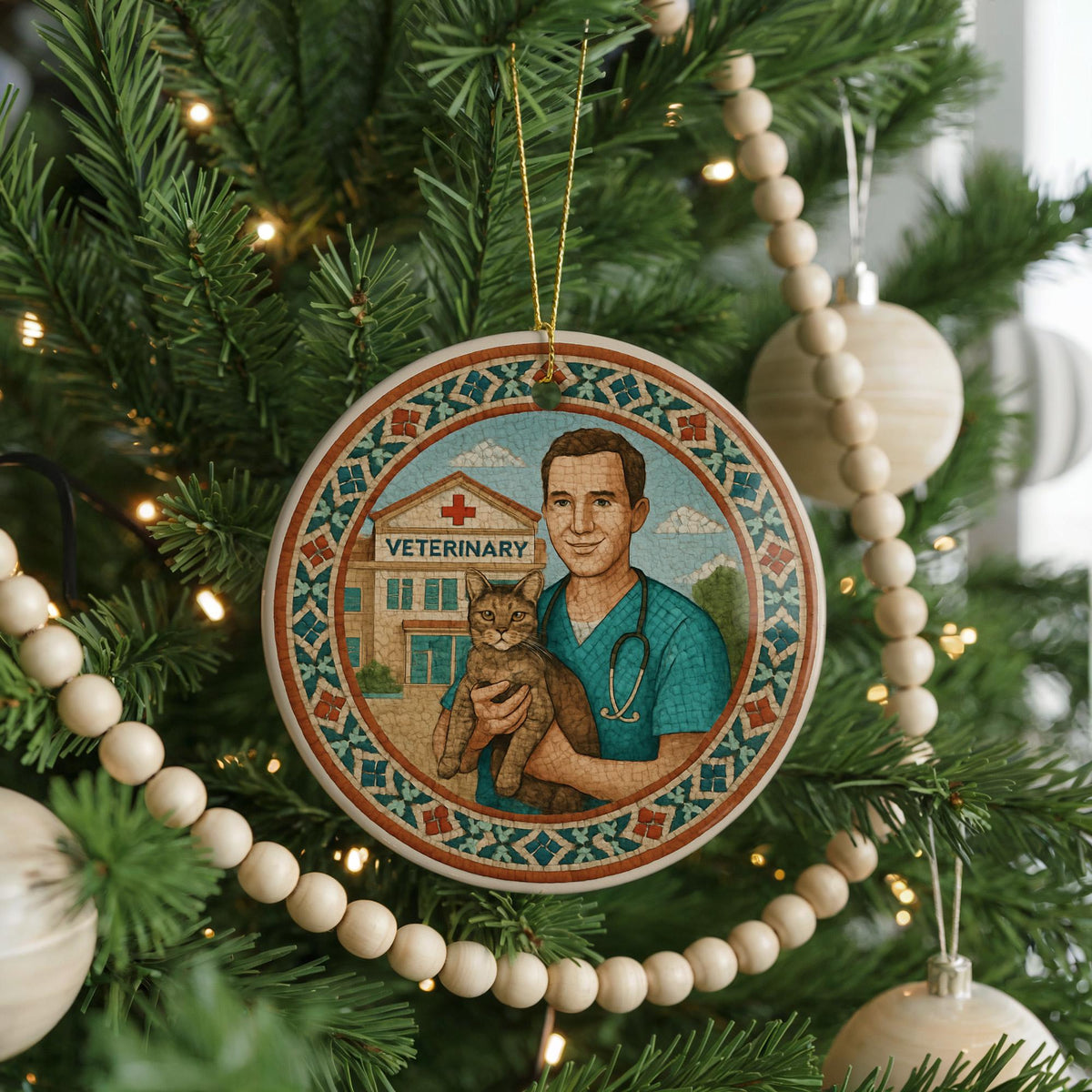 Veterinarian Ceramic Ornament Featuring Moroccan Mosaic Medallion and Iconic Veterinary Landmark Scene — photo 4