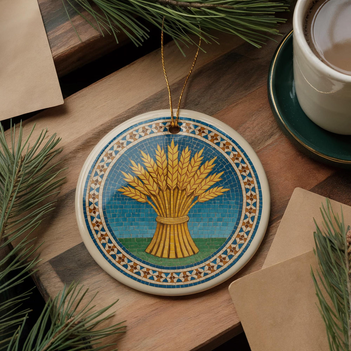 Wheat Sheaf Landmark Ceramic Ornament – Circular Moroccan Zellige Mosaic Medallion Design — photo 1