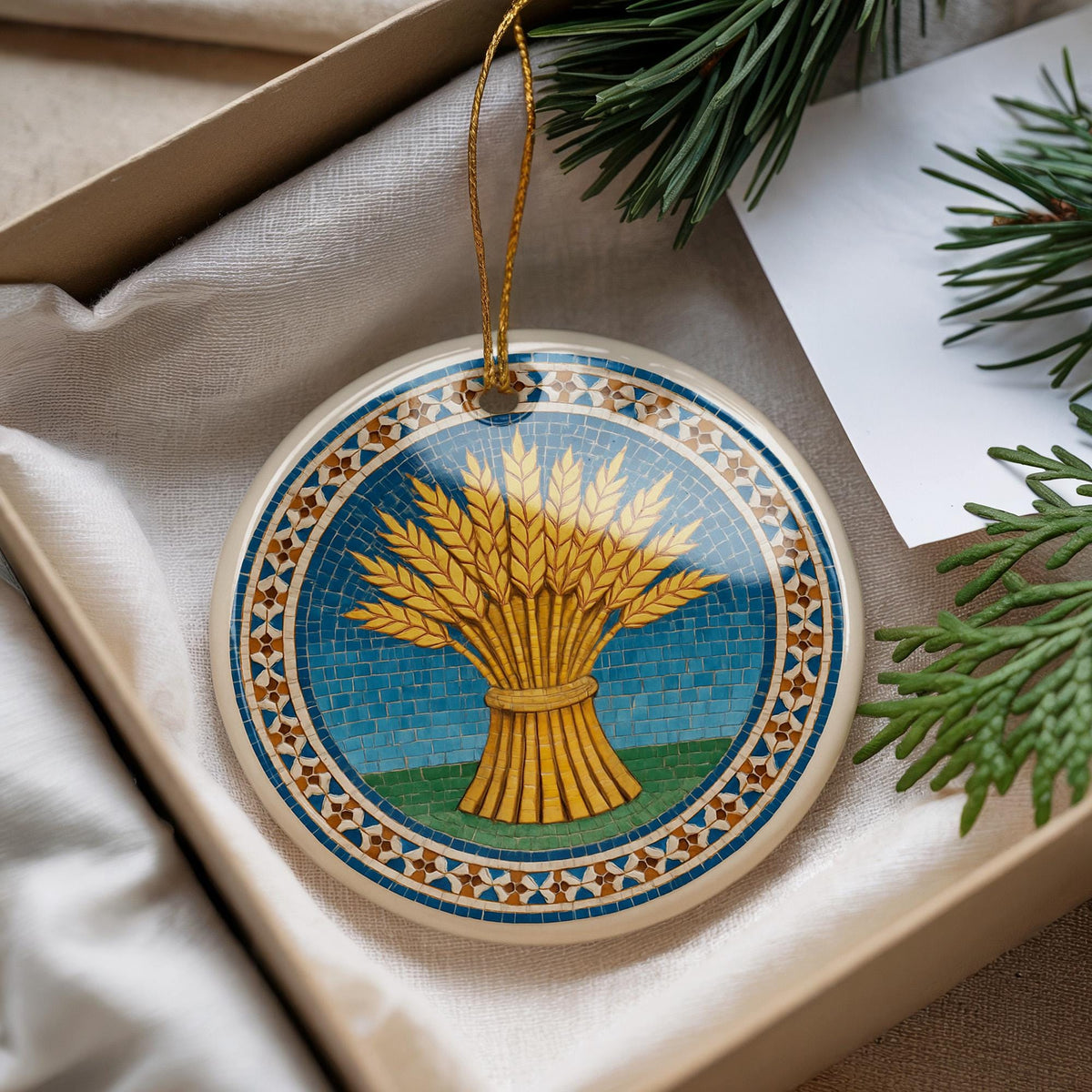 Wheat Sheaf Landmark Ceramic Ornament – Circular Moroccan Zellige Mosaic Medallion Design — photo 2
