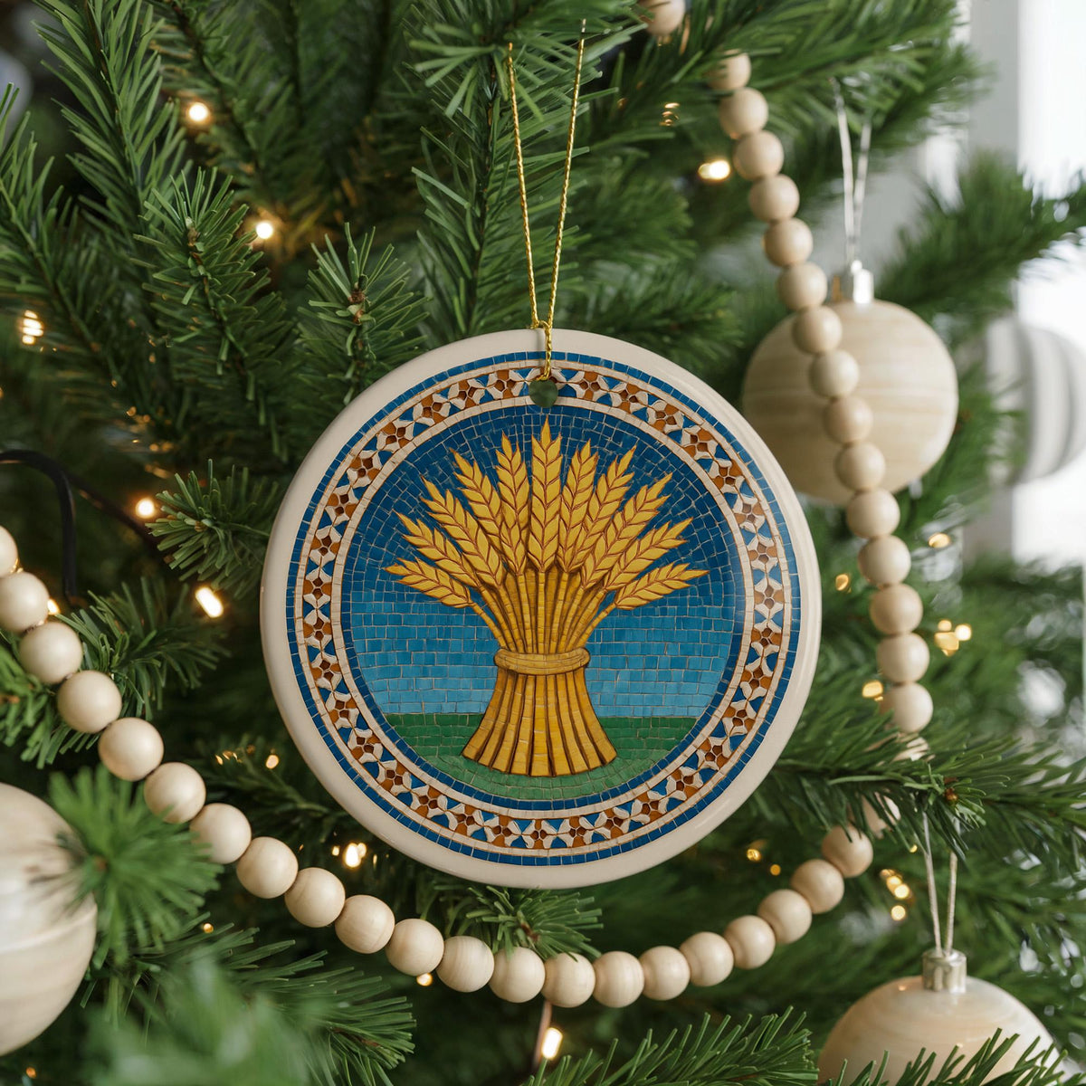 Wheat Sheaf Landmark Ceramic Ornament – Circular Moroccan Zellige Mosaic Medallion Design — photo 4