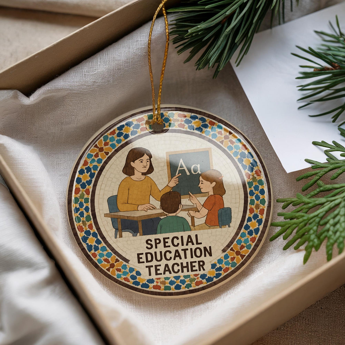 Special Education Teacher Ceramic Ornament with Moroccan Mosaic Medallion and Iconic Teaching Landmark Design — photo 2