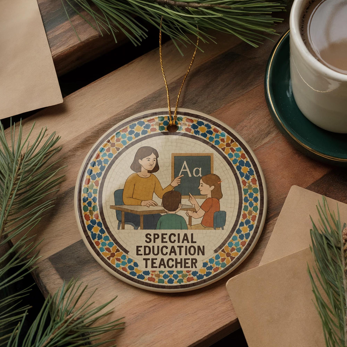 Special Education Teacher Ceramic Ornament with Moroccan Mosaic Medallion and Iconic Teaching Landmark Design — photo 3